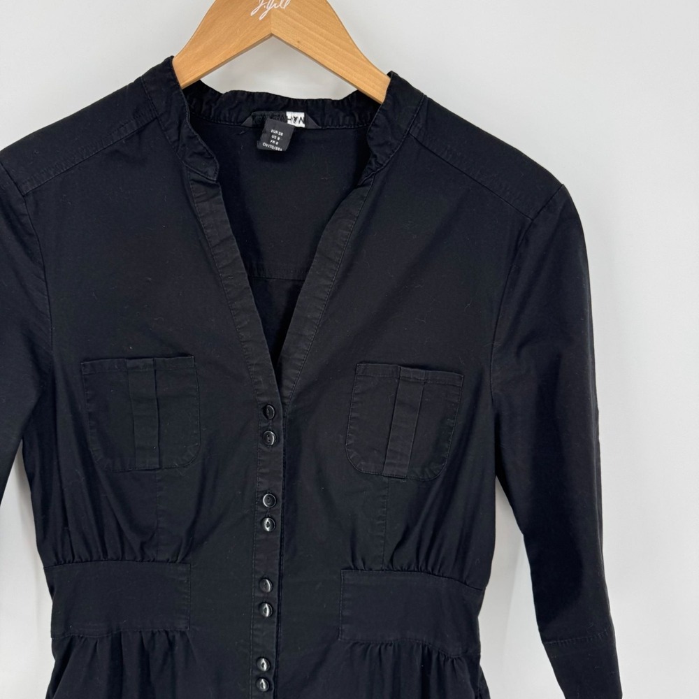 H&M Womens Button Front Shirt Dress Size 8 Stretch Military Pocket Stretch Black - Picture 3 of 8